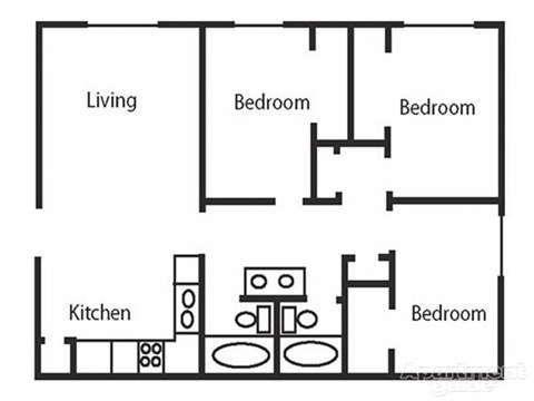 Floor plan for 3 beds, 2 baths, 1090 sqft